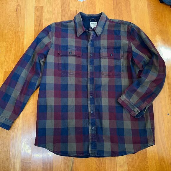 Vintage LL Bean Mens canvas Flannel Plaid Lined Barn Chore Shirt Jacket Sz XLT - Picture 1 of 13